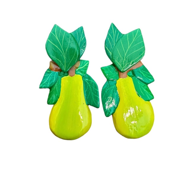 NWT VTG 80s Chunky Hand painted wooden fruit pear earrings - Picture 2 of 4